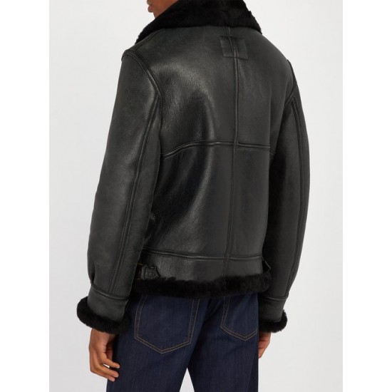 Mens Schot Aviator Faux Shearling Black Leather Jacket