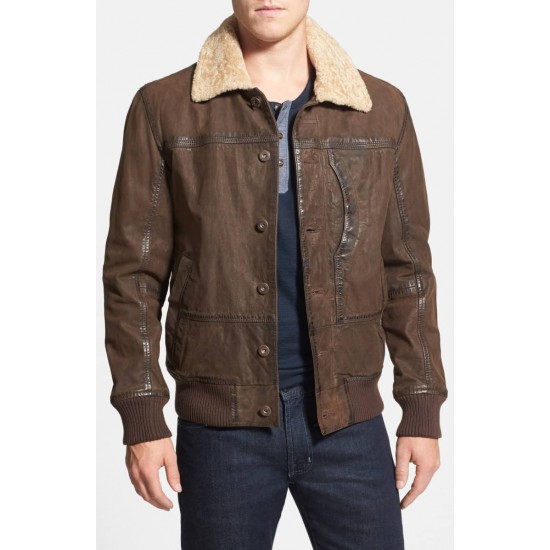 Mens Leather Bomber Jacket with Faux Shearling Collar