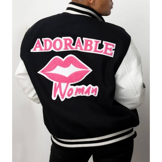 Adorable Woman Black and White Varsity Jacket