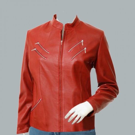 Biker Style Womens Red Leather Jacket