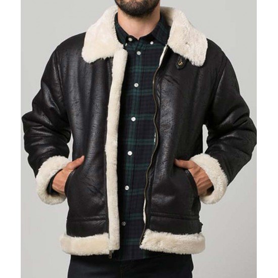 Mens Black Aviator Faux Shearling Leather Jacket