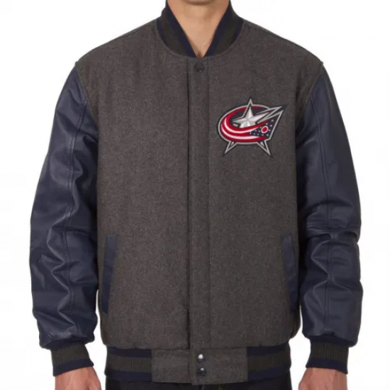 Columbus Blue Jackets Letterman Grey and Blue Jacket