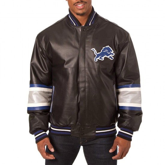 Detroit Lions Striped Varsity Black Leather Jacket