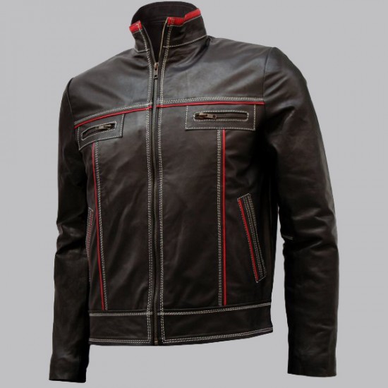 Double Stitched Mens Brown Leather Jacket