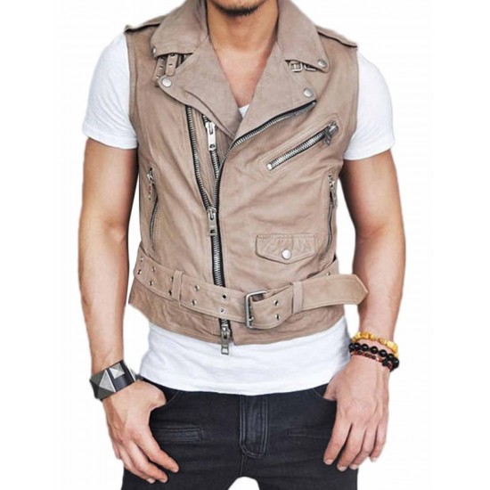 Mens Belted Asymmetrical Zipper Leather Vest