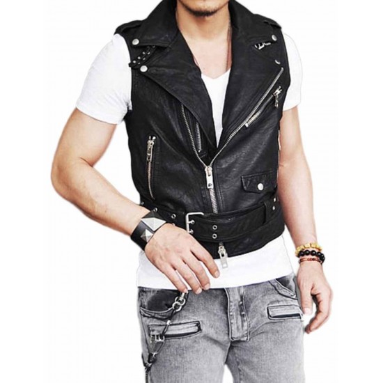 Mens Belted Asymmetrical Zipper Leather Vest