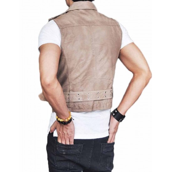 Mens Belted Asymmetrical Zipper Leather Vest