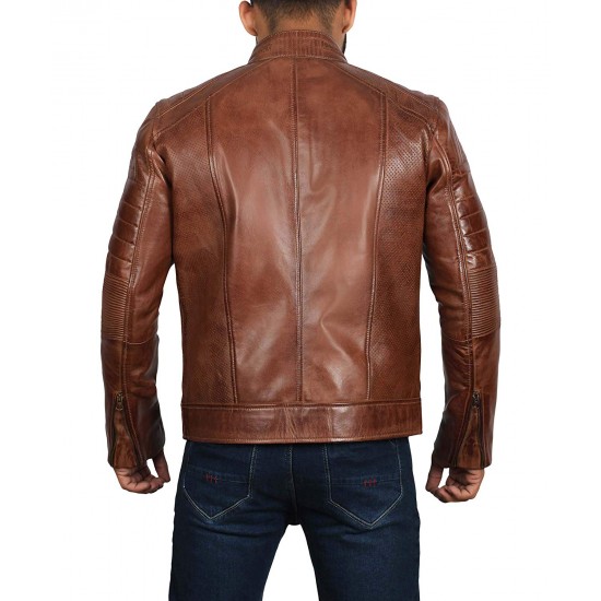 Mens Light Brown Genuine Lambskin Motorcycle Leather Jacket