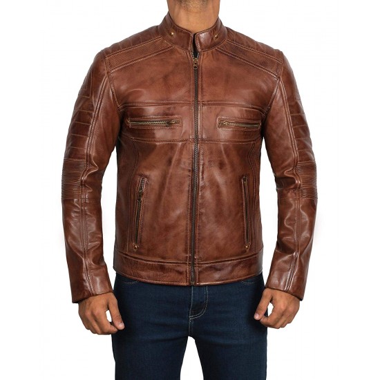 Mens Light Brown Genuine Lambskin Motorcycle Leather Jacket