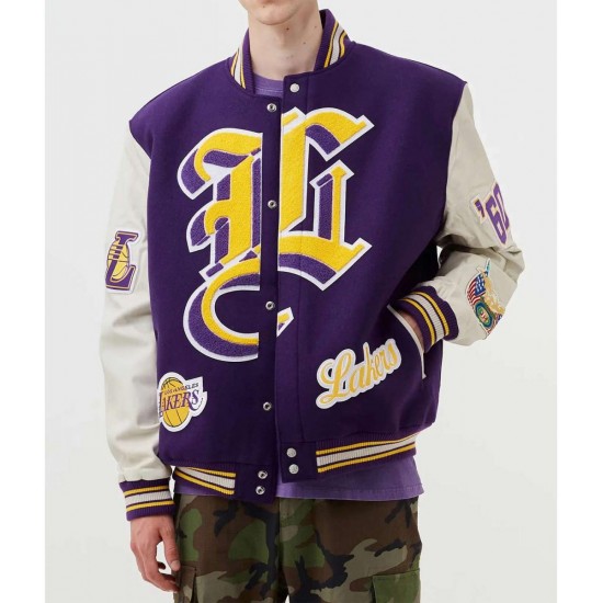 LA Lakers Letterman Purple Wool and White Leather Jacket