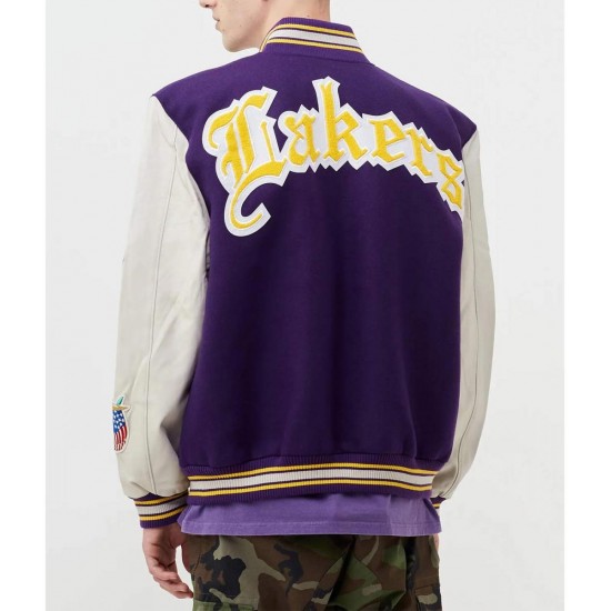 LA Lakers Letterman Purple Wool and White Leather Jacket