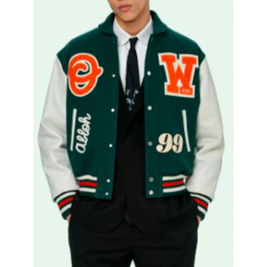 Mens Barrel Green and White Letterman Jacket