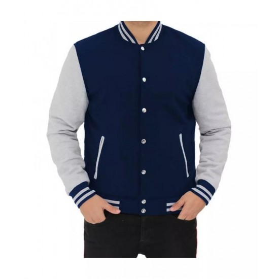 Mens Baseball Style Grey and Blue Varsity Jacket