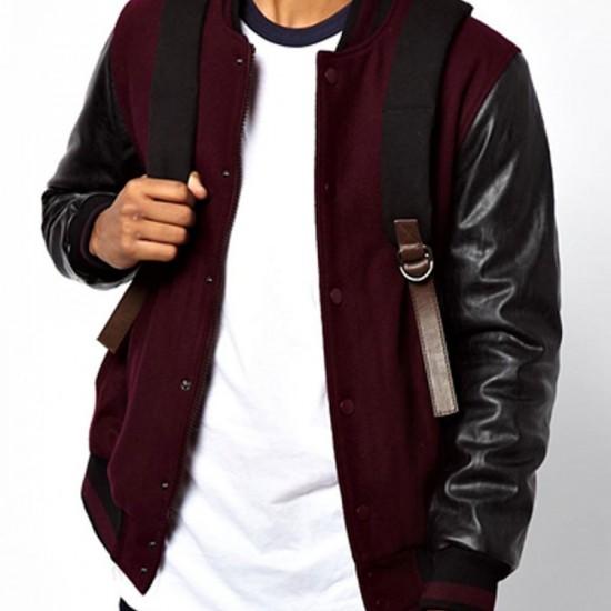 Mens Bomber College Varsity Maroon and Black Jacket