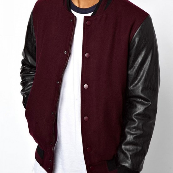 Mens Bomber College Varsity Maroon and Black Jacket