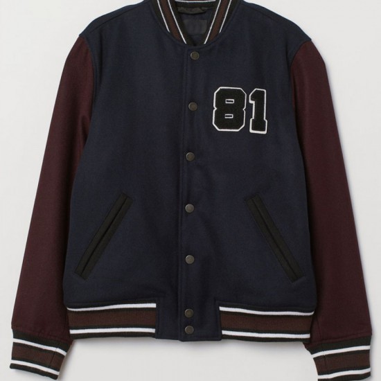 Mens Bomber Dark Blue and Burgundy Baseball 81 Jacket