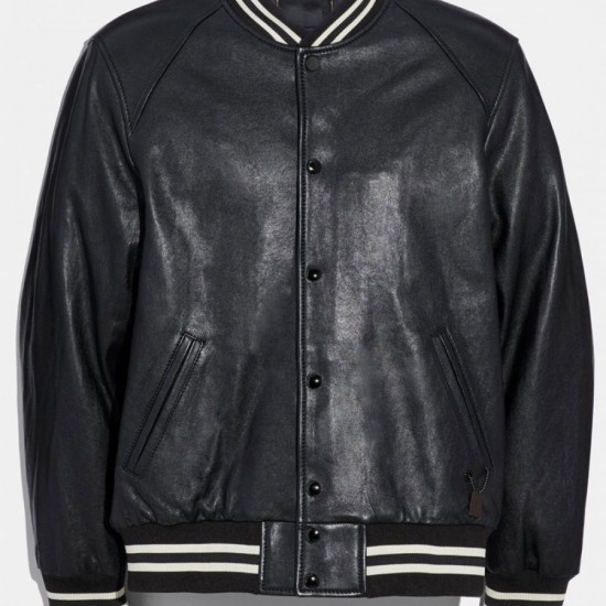 Films Jackets Men's Snap Tab Closure Black Leather Bomber Jacket
