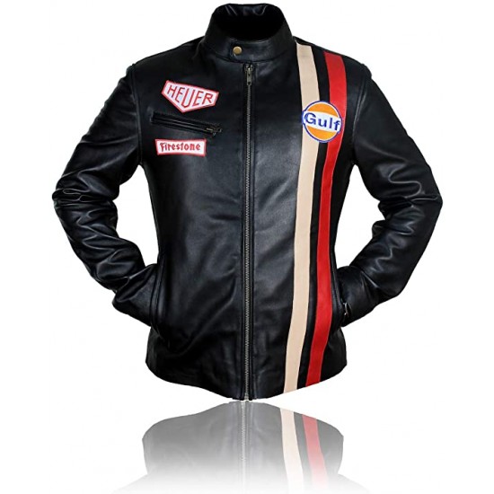 Mens Steve McQueen Le Mans Gulf Racing Black Leather Jacket