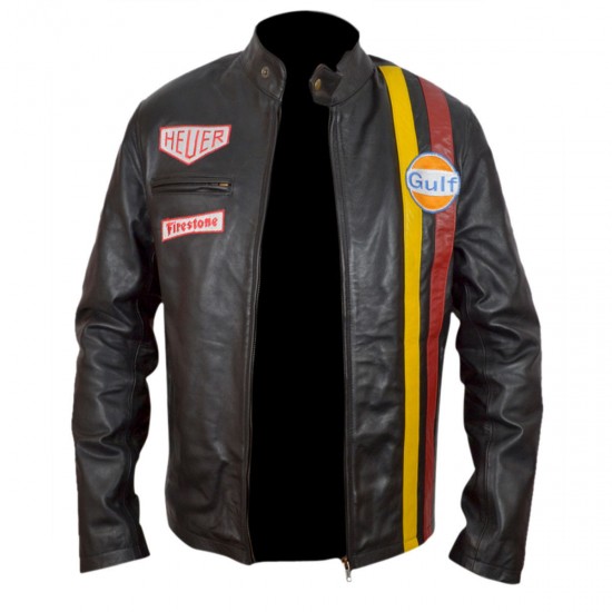 Mens Steve McQueen Le Mans Gulf Racing Brown Leather Jacket