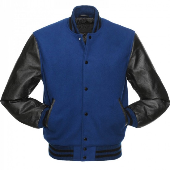 Mens Wool Blue and Black Leather Jacket