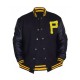 Mens Pittsburgh Pirates P Logo Baseball Majestic Varsity Black Letterman Bomber Jacket