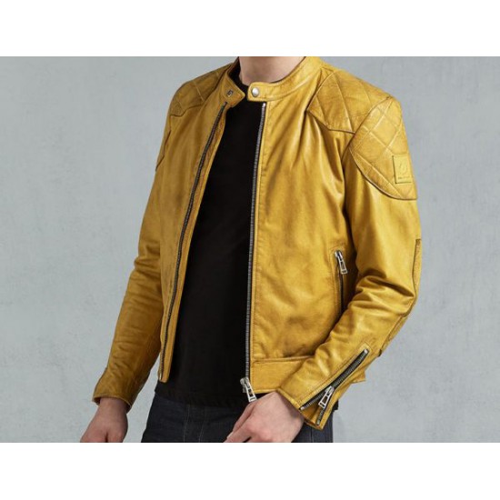 Mens Yellow Cafe Racer Leather Jacket