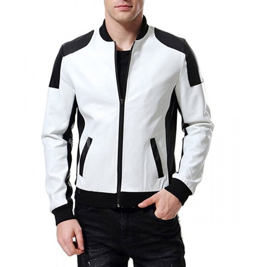 Men’s Black and White Leather Biker Bomber Jacket