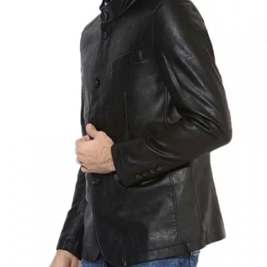 Men’s Button Closure Casual Stand Up Collar Black Leather Blazer