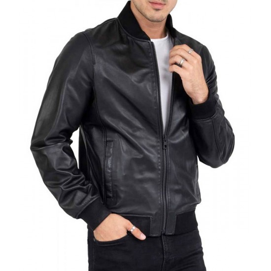 Men’s Casual Bomber Real Black Leather Jacket