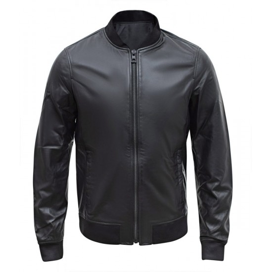 Men’s Casual Bomber Real Black Leather Jacket