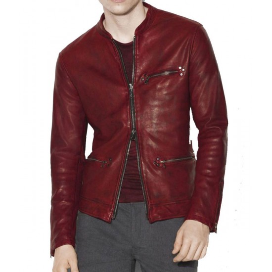 Men’s Casual Red Burnished Dual Zipper Jacket