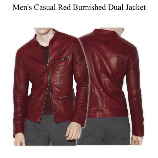 Men’s Casual Red Burnished Dual Zipper Jacket