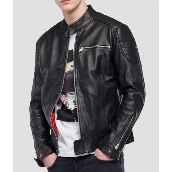 Men’s Crust Motorcycle Leather Jacket with Zipper Pockets