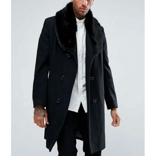 Men’s Double Breasted Black Overcoat with Faux Fur Trim