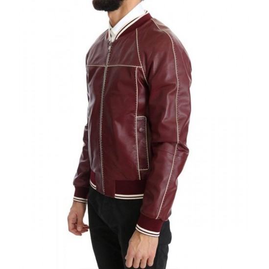 Men’s Stitched Bomber Maroon Leather Jacket