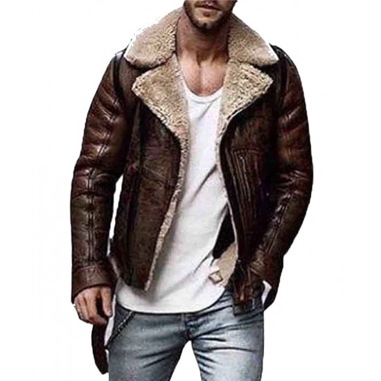 Men’s Street Style Brown Shearling Leather Jacket