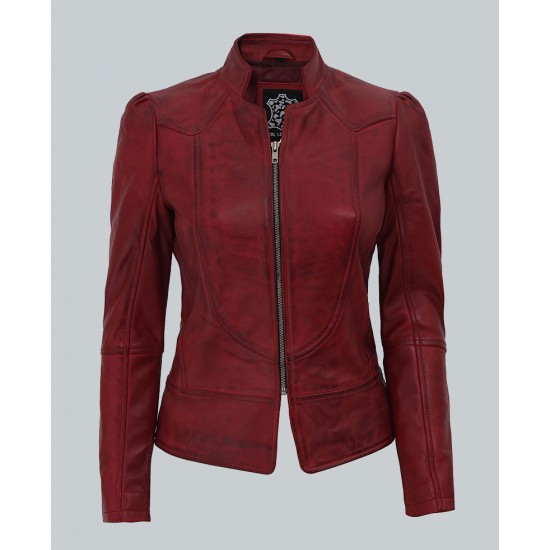 Montana Womens Biker Maroon Leather Jacket