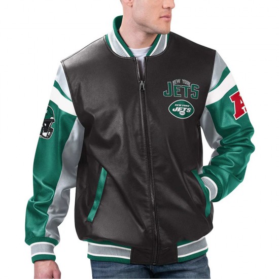 NY Jets Black Varsity Full-Zip Leather Jacket