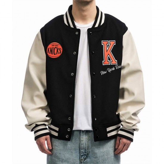 NY Knicks Black and Off White Varsity Jacket