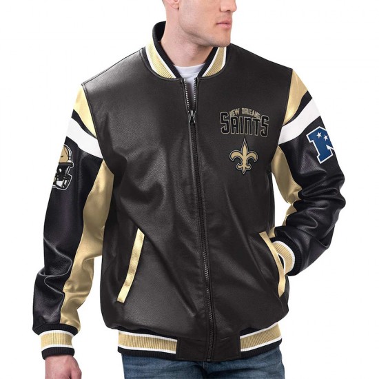 New Orleans Saints Black Varsity Full-Zip Leather Jacket