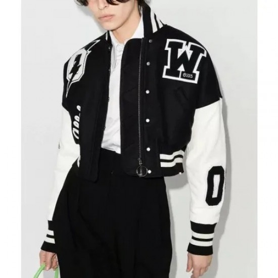 Off White Cropped Black and White Varsity Jacket