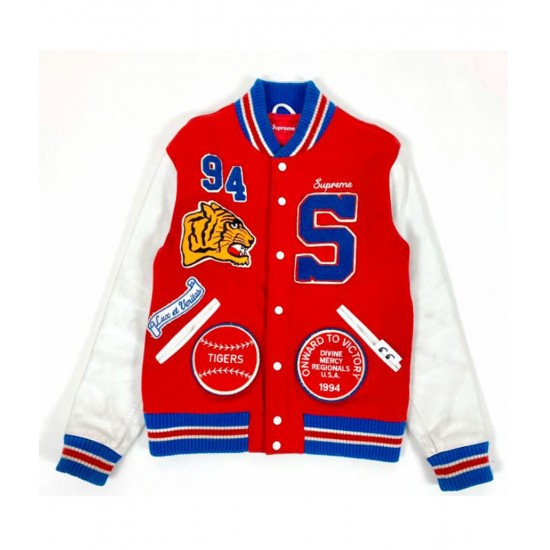 Playboi Carti Supreme Tiger Letterman Red and White Jacket