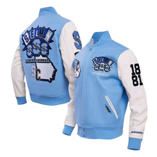 Spelman College Jaguars Homecoming Light Blue and White Wool Varsity Jacket