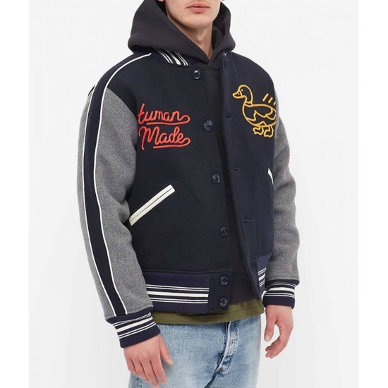 Varsity Human Made Duck Navy Blue and Grey Wool Jacket