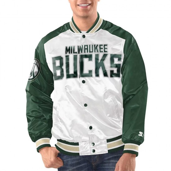 White/Hunter Green Milwaukee Bucks Renegade Varsity Satin Jacket