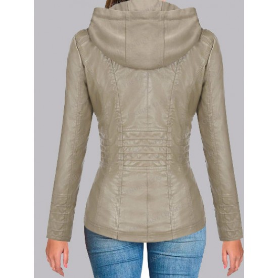 New Womens Removable Hoodie Leather Jacket