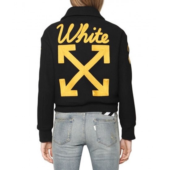 Jacketsthreads Women’s Off-White Virgil Abloh Varsity Jacket with Yellow Striped Sleeves