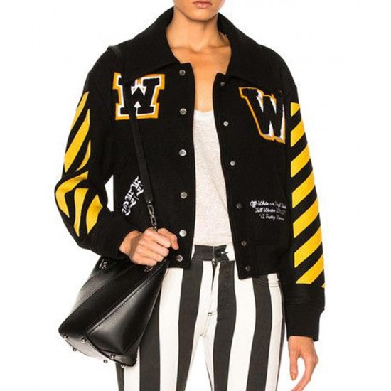 Women’s Off-White Virgil Abloh Varsity Jacket with Yellow Striped Sleeves