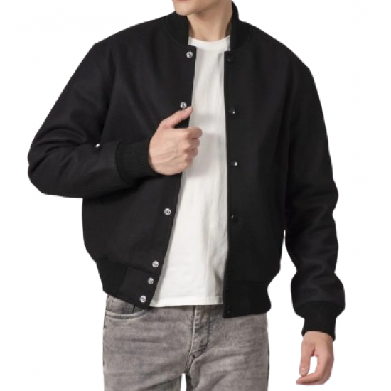 All-Wool Letterman Jacket in Sleek All-Black