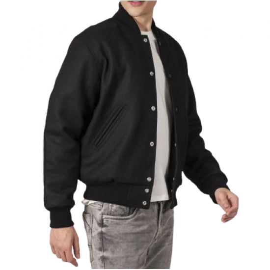 All-Wool Letterman Jacket in Sleek All-Black